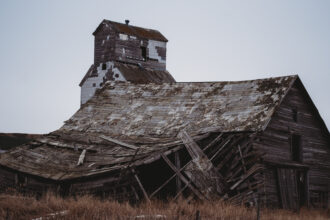 Wooden grain elevator at Sharples, Alberta photographed in early 2026.