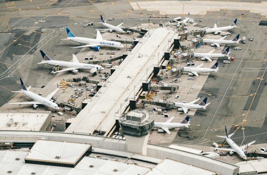 Aircraft parked at airport terminal gates