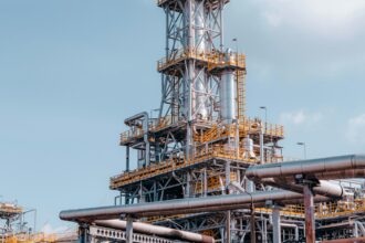 Industrial oil processing plant with piping against the sky