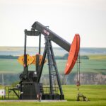 Pumpjack operating in a prairie field