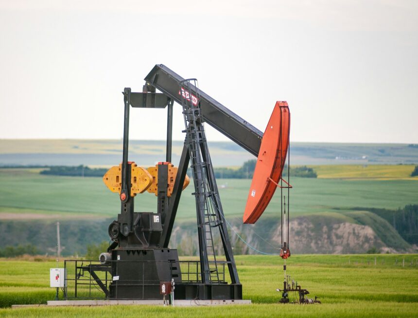 Pumpjack operating in a prairie field