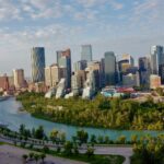 Calgary downtown skyline along the Bow River in daylight