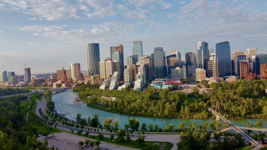 Calgary downtown skyline along the Bow River in daylight