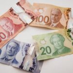 Canadian banknotes of several denominations fanned out on a surface