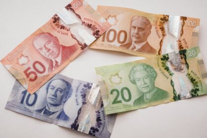 Canadian banknotes of several denominations fanned out on a surface