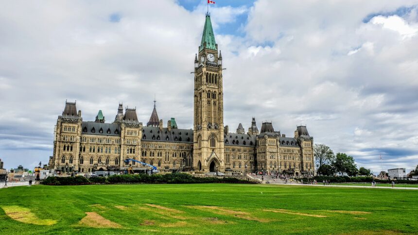 Parliament building in Ottawa under an overcast sky