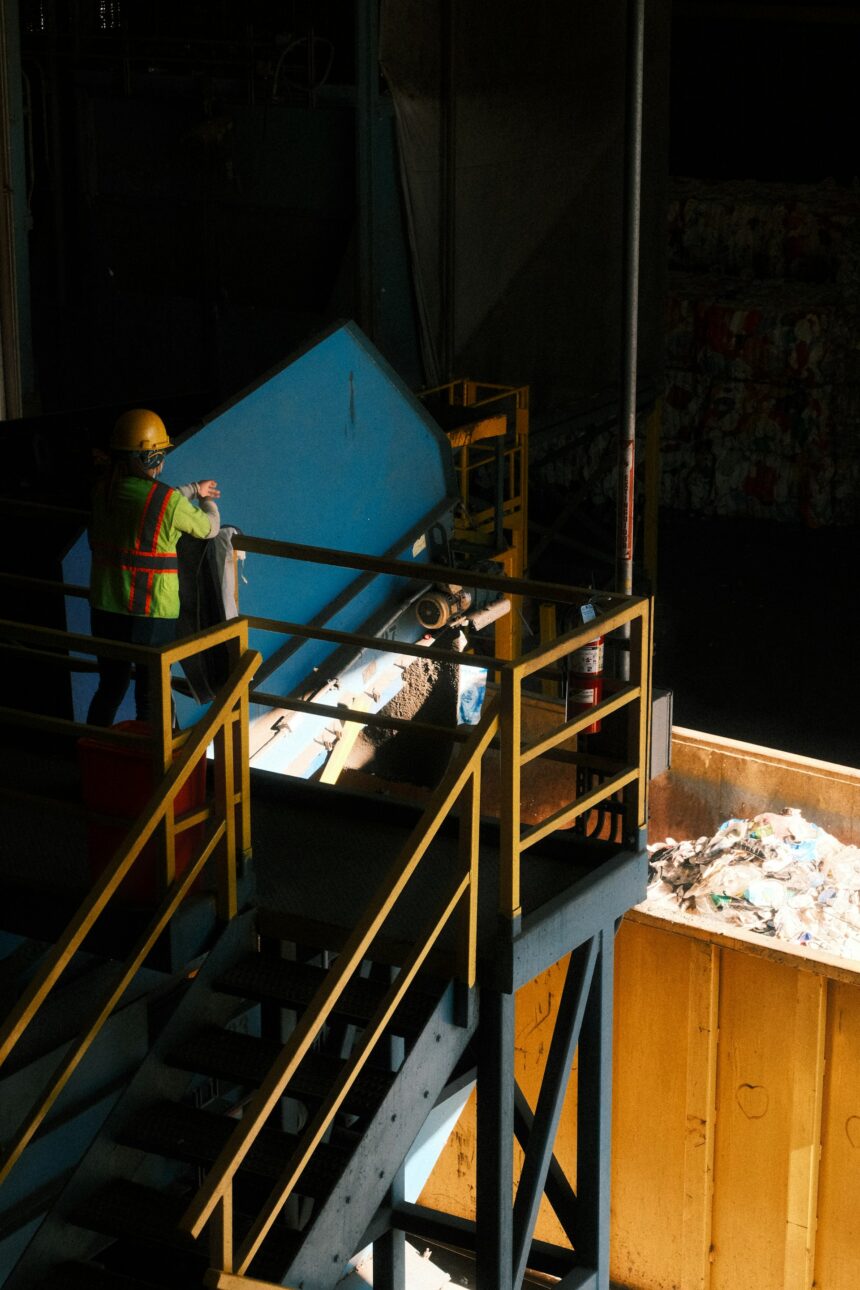 Worker sorting material at a recycling facility