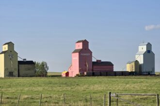 Colourful grain elevators against a prairie sky