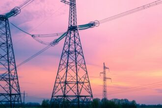 High voltage transmission towers crossing open country at dusk