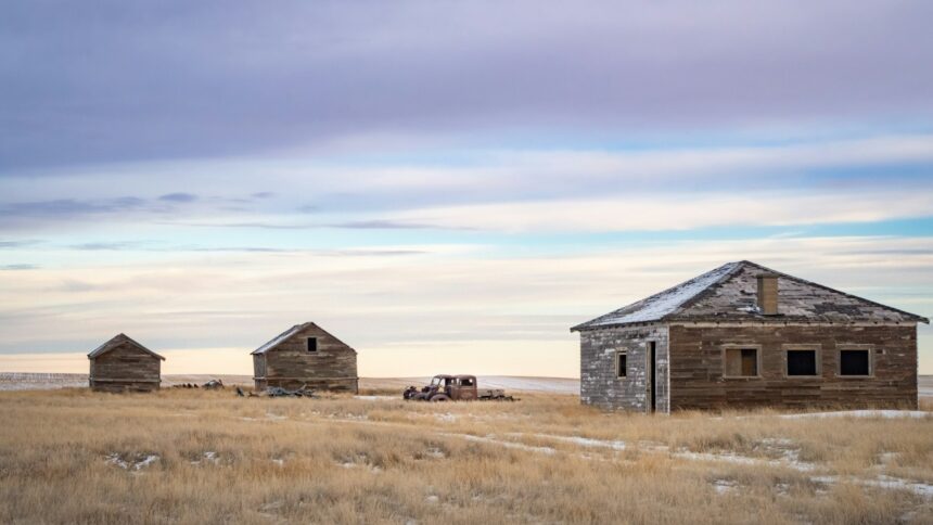Old farm buildings standing in an open Alberta field