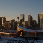 The Calgary skyline at dusk seen from Scotsman's Hill