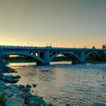 The Centre Street Bridge over the Bow River in Calgary at dusk