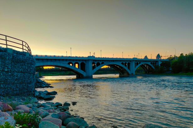 The Centre Street Bridge over the Bow River in Calgary at dusk