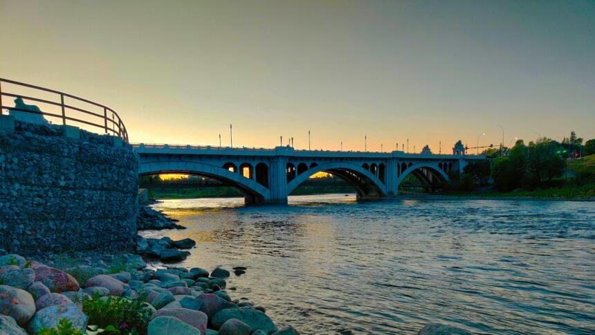 The Centre Street Bridge over the Bow River in Calgary at dusk