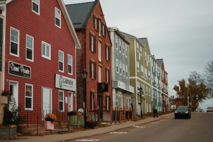 Brick and painted storefronts on a street in downtown Charlottetown