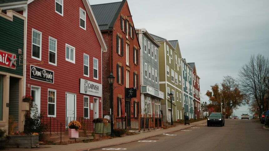 Brick and painted storefronts on a street in downtown Charlottetown