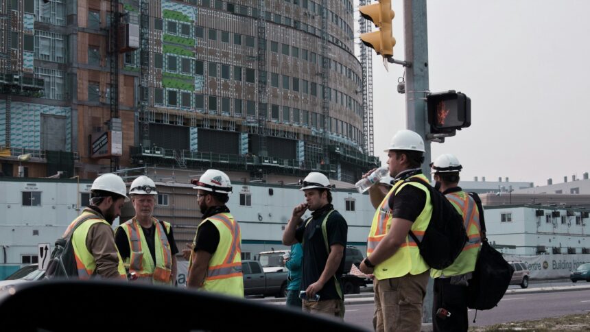 Construction workers in hard hats and safety vests beside a building site