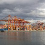 Container cranes and a cargo ship at the Port of Vancouver