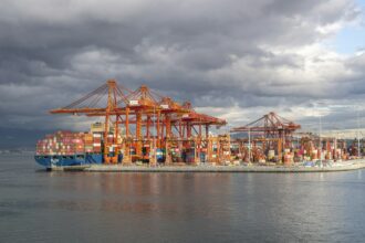 Container cranes and a cargo ship at the Port of Vancouver