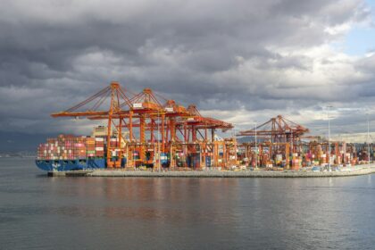 Container cranes and a cargo ship at the Port of Vancouver