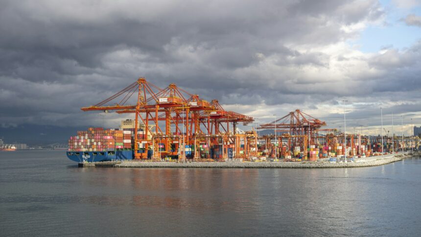 Container cranes and a cargo ship at the Port of Vancouver