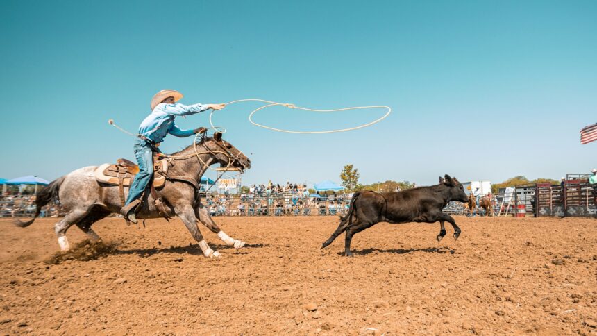 A rider on horseback swinging a lasso in a rodeo arena
