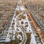 Aerial view of residential neighbourhoods in Edmonton, Alberta in winter