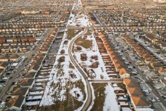 Aerial view of residential neighbourhoods in Edmonton, Alberta in winter