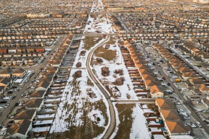 Aerial view of residential neighbourhoods in Edmonton, Alberta in winter