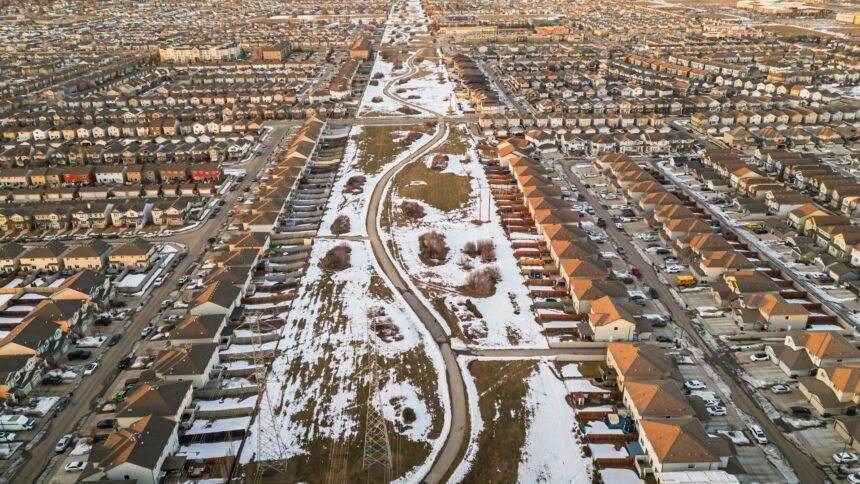 Aerial view of residential neighbourhoods in Edmonton, Alberta in winter