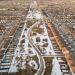 An aerial view of a suburban neighbourhood in Edmonton in winter