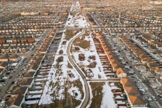 An aerial view of a suburban neighbourhood in Edmonton in winter
