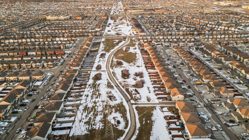 An aerial view of a suburban neighbourhood in Edmonton in winter
