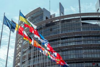 Flags outside the European Parliament building in Strasbourg, France
