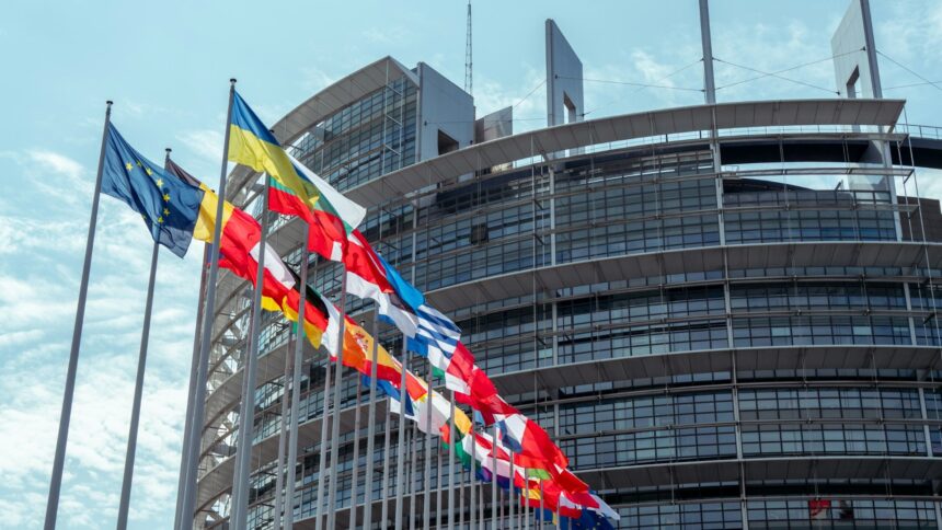 Flags outside the European Parliament building in Strasbourg, France