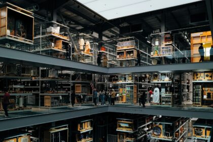 Rows of shelving holding boxed collection material in a storage vault