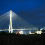 The Gordie Howe International Bridge lit up at night from the Windsor side