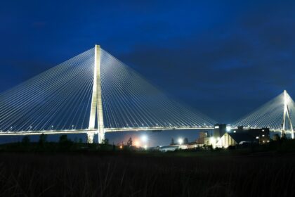 The Gordie Howe International Bridge lit up at night from the Windsor side