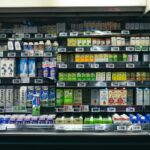 Grocery store shelves stocked with food and drinks