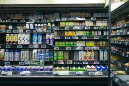 Grocery store shelves stocked with food and drinks