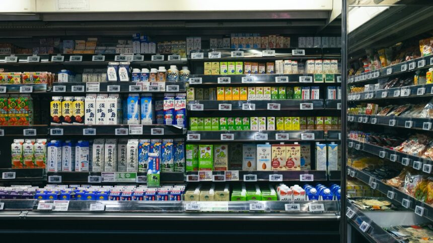 Grocery store shelves stocked with food and drinks