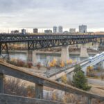 Steel truss of the High Level Bridge crossing the North Saskatchewan River valley in Edmonton