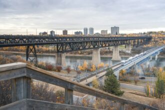 Steel truss of the High Level Bridge crossing the North Saskatchewan River valley in Edmonton