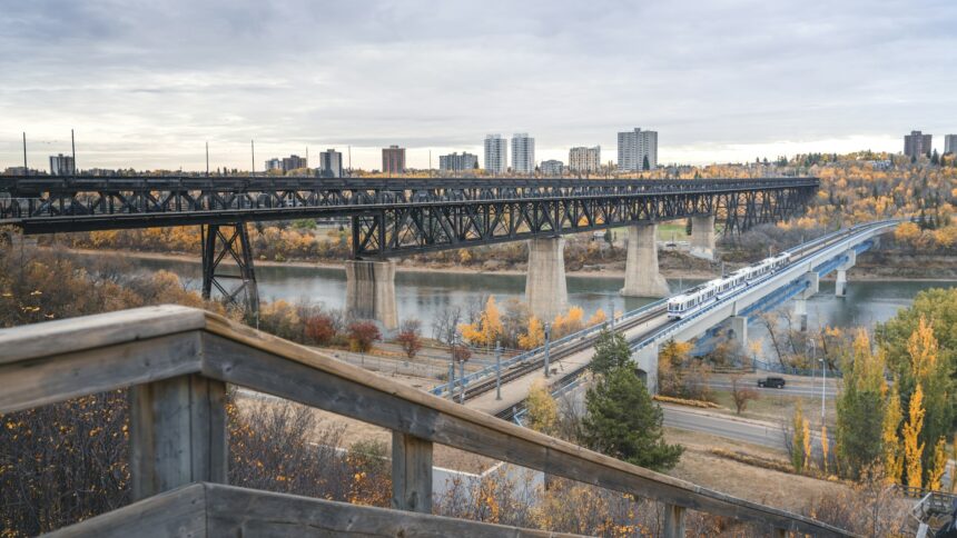 Steel truss of the High Level Bridge crossing the North Saskatchewan River valley in Edmonton