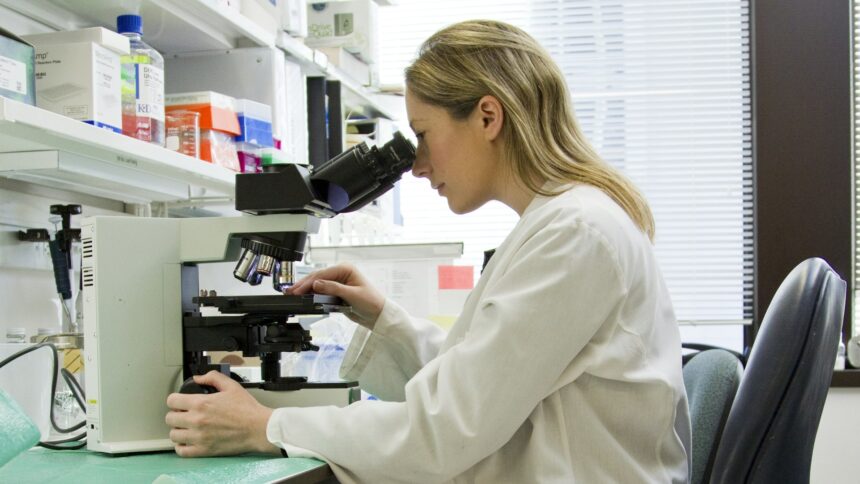 A researcher working at a medical laboratory bench