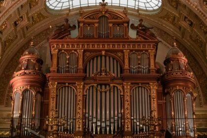 The carved case and pipe facade of a large concert organ
