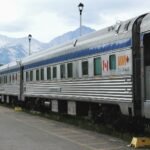 Stainless steel passenger rail cars at the station in Jasper, Alberta