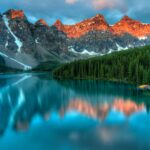 A mountain lake reflecting snow capped peaks