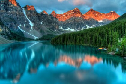 A mountain lake reflecting snow capped peaks