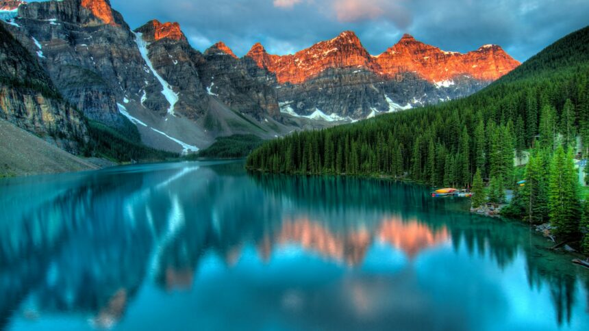 A mountain lake reflecting snow capped peaks